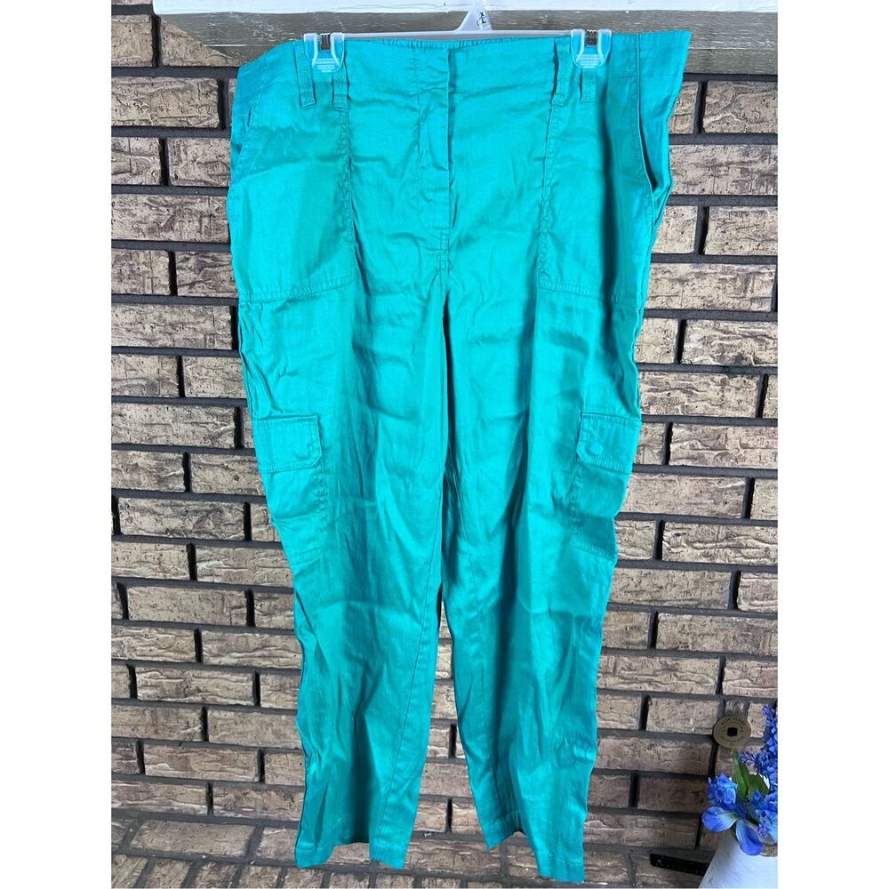 Chicos Pants Womens size 3Green Casual‎ Cargo Crop Linen Blend